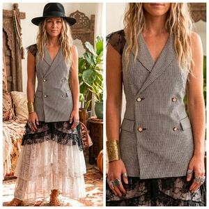 White House Black Market Black and White Gingham Double-Breasted Halter Vest